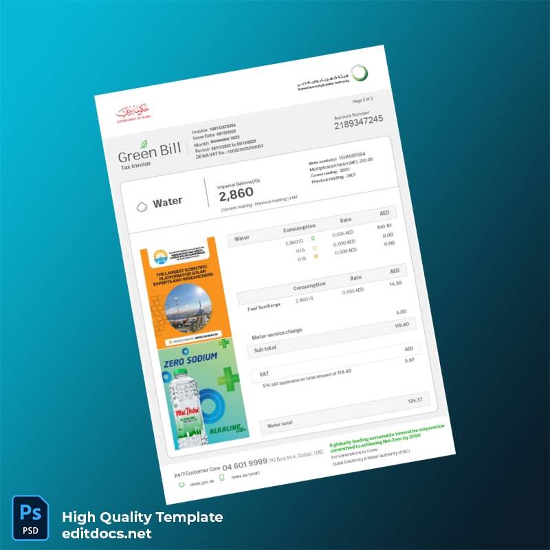 United Arab Emirates Dubai Electricity Water Authority Editable Electricity Bill Template in Word and PDF formats page 3