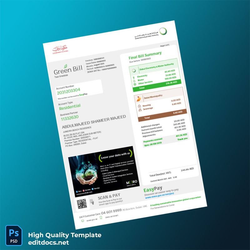 United Arab Emirates Dubai Electricity Water Authority Editable Utility Bill Template in Word and PDF formats