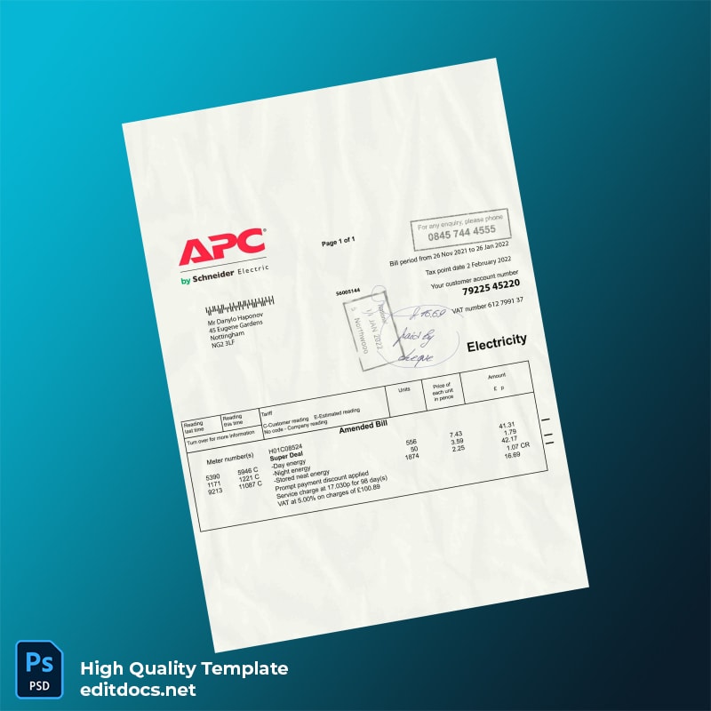 United Kingdom APC By Schneider Electric Editable Electricity Bill Template in Word and PDF formats