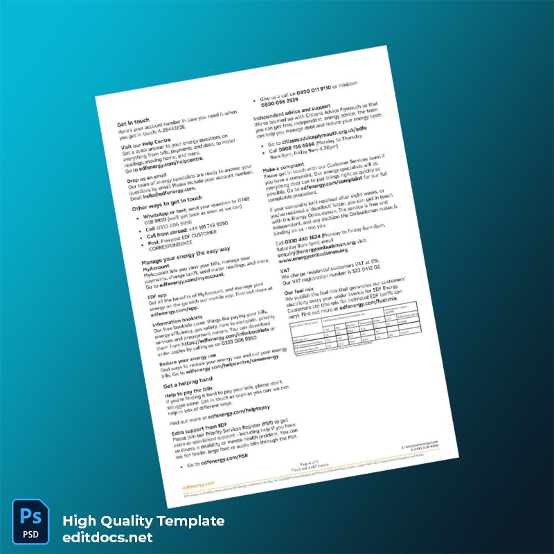 United Kingdom EDF Energy Editable Utility Bill Template in Word and PDF formats page 4