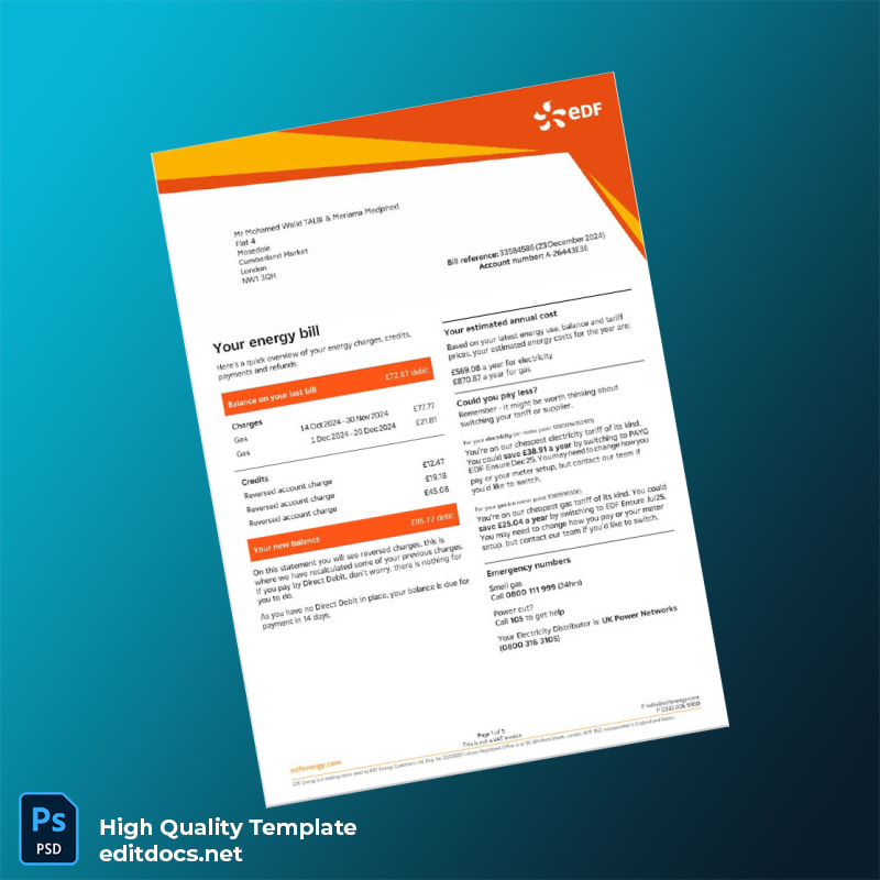 United Kingdom EDF Energy Editable Utility Bill Template in Word and PDF formats