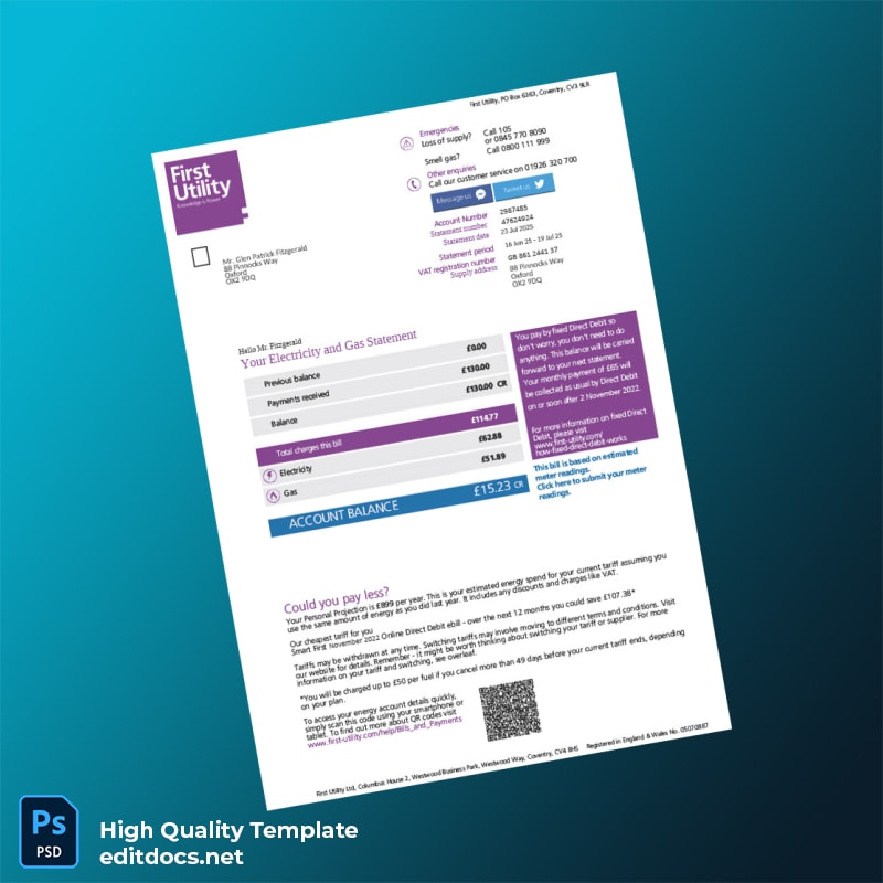 United Kingdom First Utility Ltd Editable Electricity Bill Template in Word and PDF formats