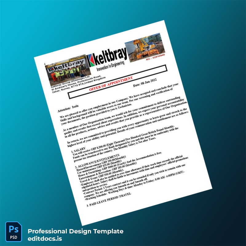 Editable United Kingdom Keltbray Group Employment Verification Letter Template (Word&PDF) Page Preview - EditDocs