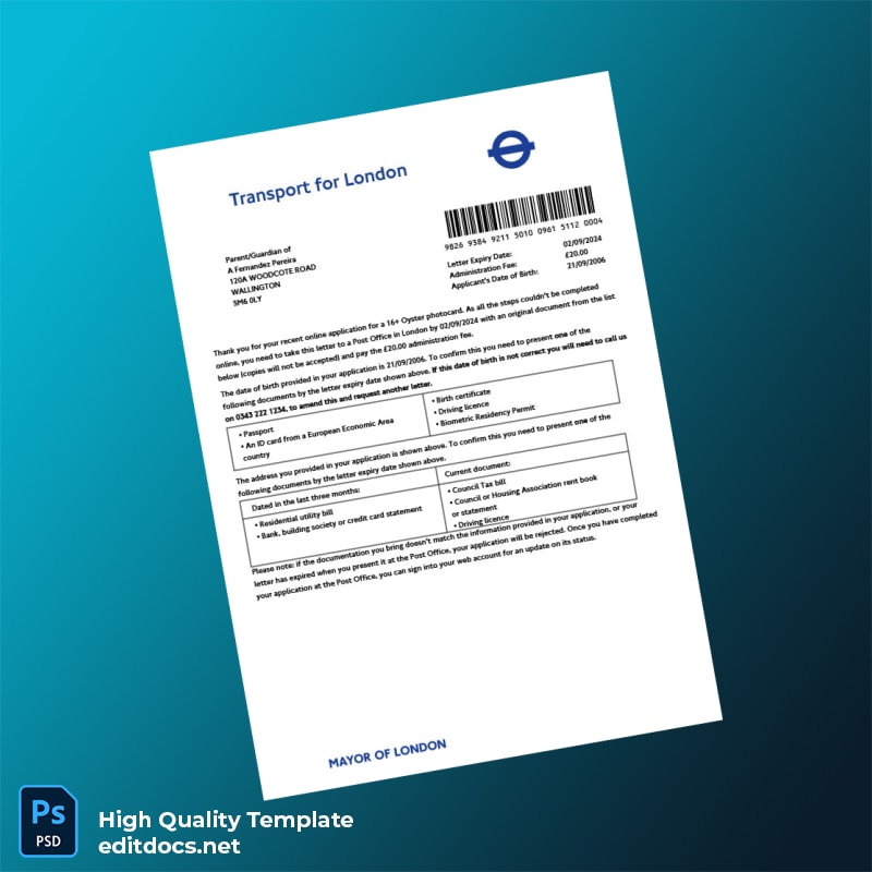 United Kingdom MAYOR OF LONDON Editable Oyster Photocard Application Letter Template in Word and PDF formats