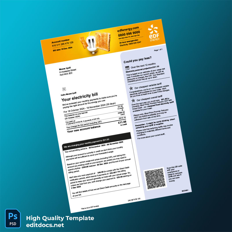 United Kingdom N_A Editable Electricity Bill Template in Word and PDF formats