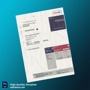 United Kingdom Npower Editable Electricity Bill Template in Word and PDF formats