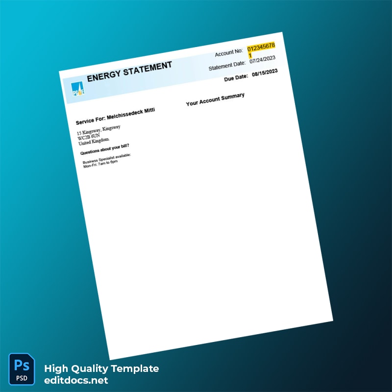 United Kingdom PG E Editable Utility Bill Template in Word and PDF formats