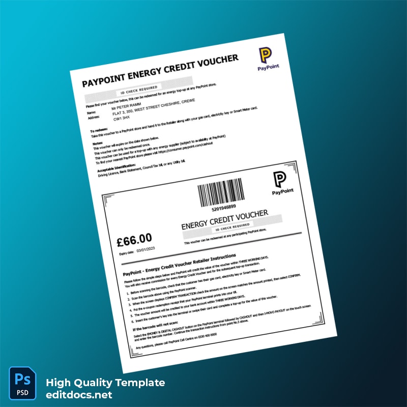 United Kingdom PayPoint Editable Energy Credit Voucher Template in Word and PDF formats