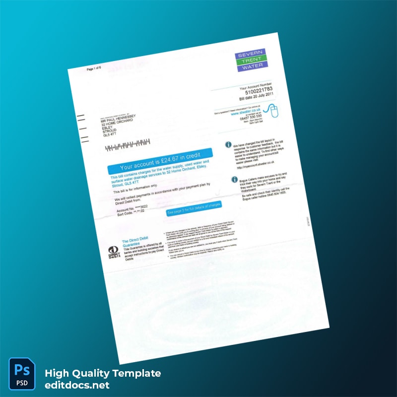 United Kingdom Severn Trent Water Editable Water Bill Template in Word and PDF formats