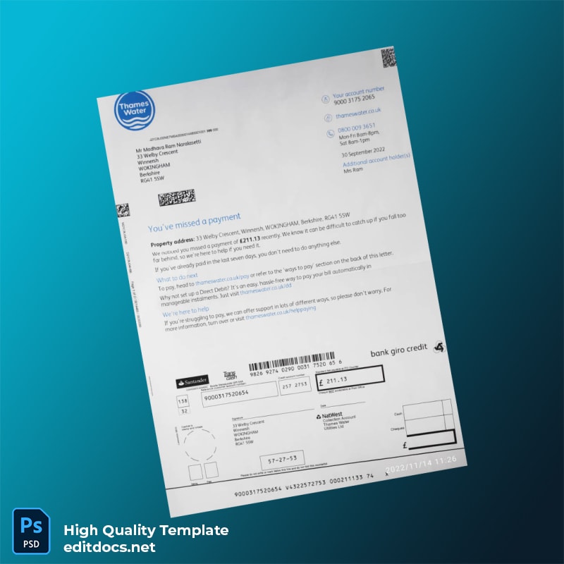 United Kingdom Thames Water Editable Utility Bill Template in Word and PDF formats