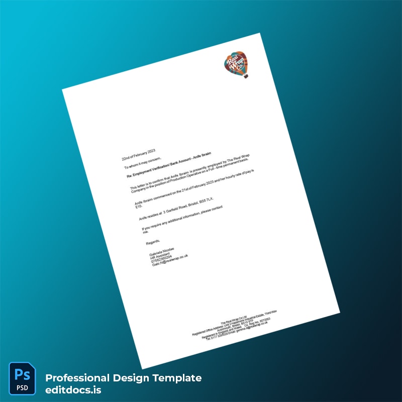 Editable United Kingdom The Real Wrap Company Employment Verification Letter Template (Word&PDF) Page Preview - EditDocs