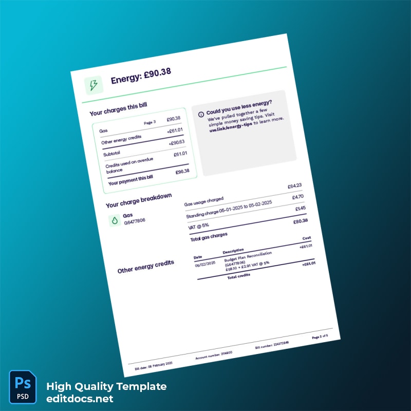 United Kingdom UW Editable Utility Bill Template in Word and PDF formats page 2