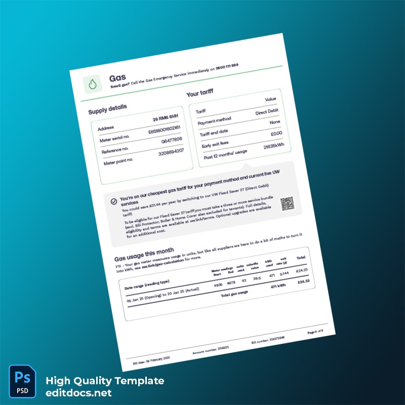 United Kingdom UW Editable Utility Bill Template in Word and PDF formats page 3