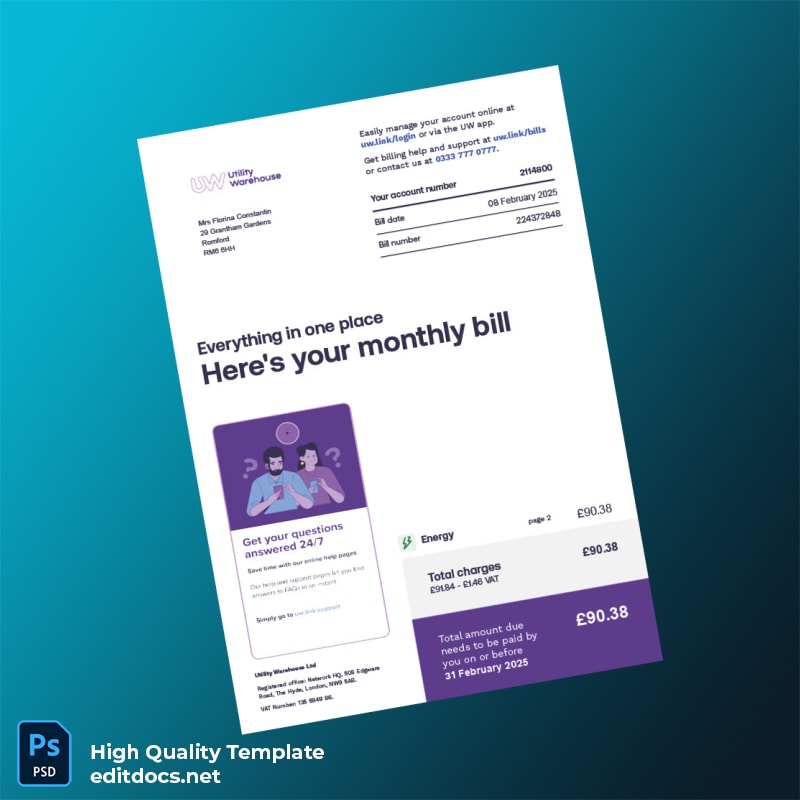 United Kingdom UW Editable Utility Bill Template in Word and PDF formats