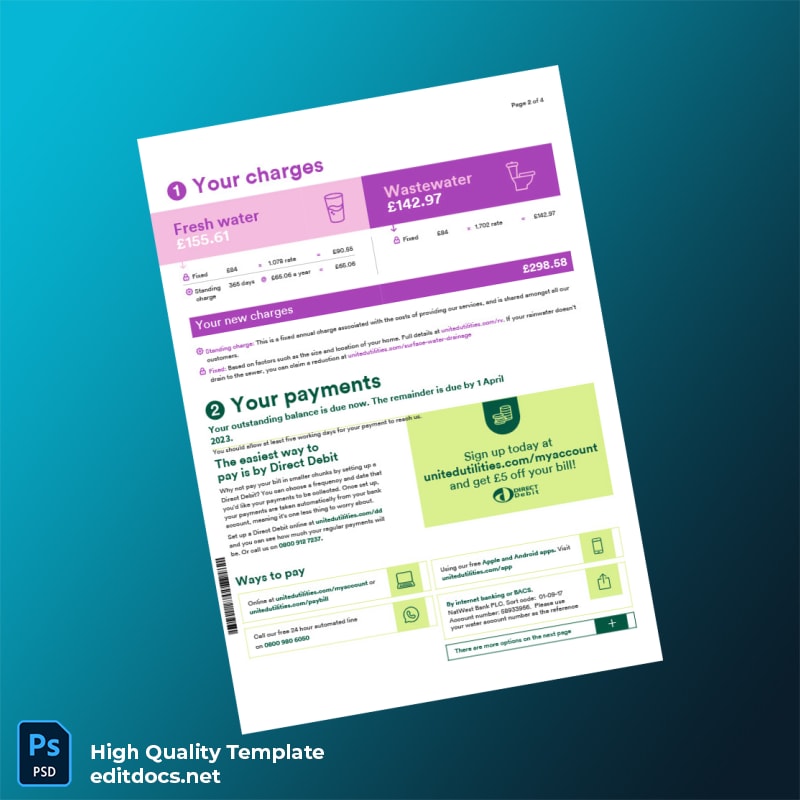United Kingdom United Utilities Editable Water Bill Template in Word and PDF formats page 2