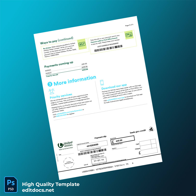 United Kingdom United Utilities Editable Water Bill Template in Word and PDF formats page 3