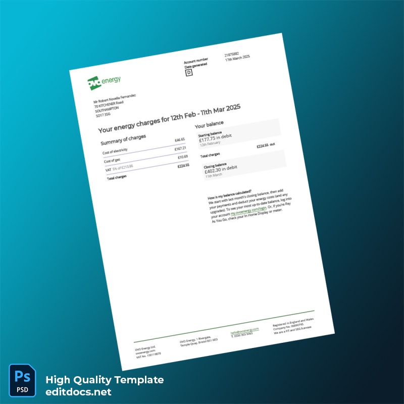 United Kingdom Unknown Editable Utility Bill Template in Word and PDF formats
