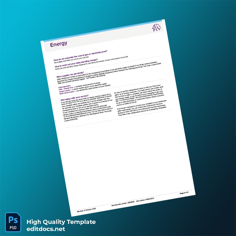 United Kingdom Utility Warehouse Editable Utility Bill Template in Word and PDF formats page 4