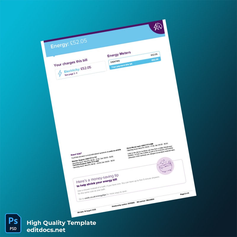 United Kingdom Utility Warehouse Ltd Editable Utility Bill Template in Word and PDF formats page 2