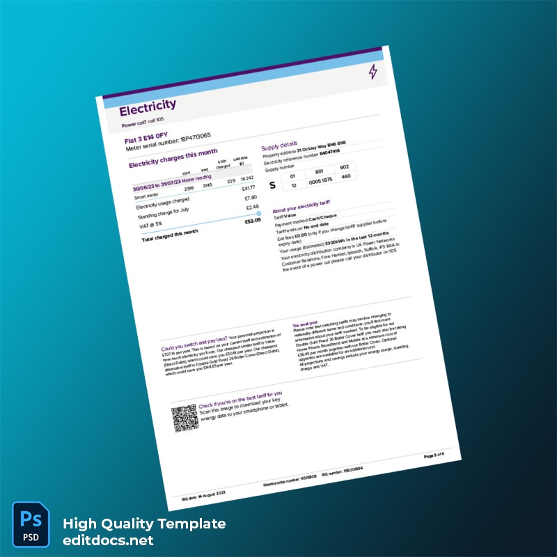 United Kingdom Utility Warehouse Ltd Editable Utility Bill Template in Word and PDF formats page 3