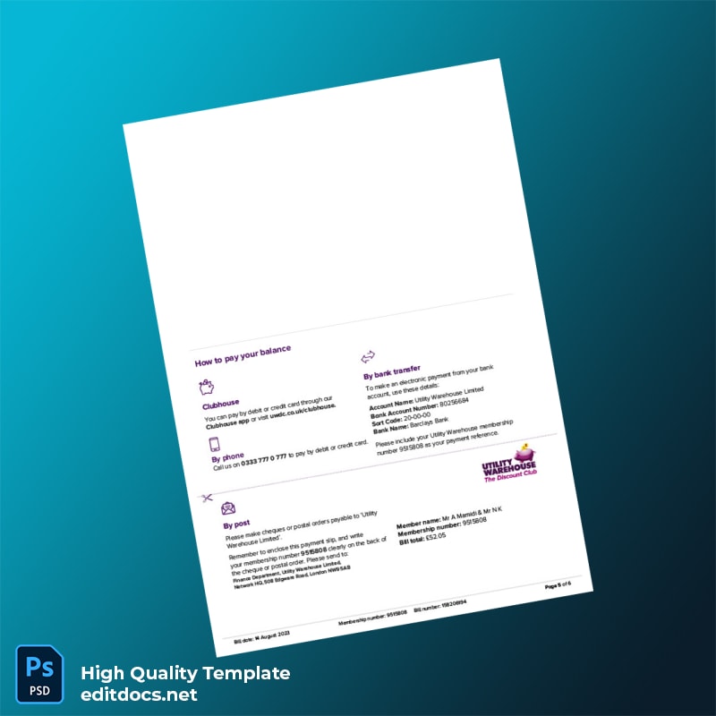 United Kingdom Utility Warehouse Ltd Editable Utility Bill Template in Word and PDF formats page 5