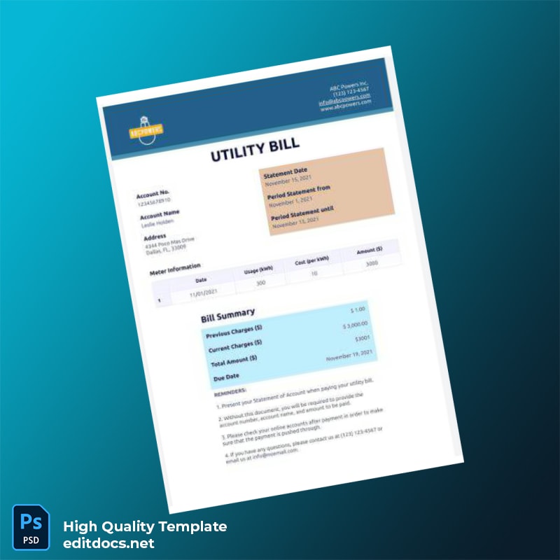 United States ABC Power Company Editable Utility Bill Template in Word and PDF formats