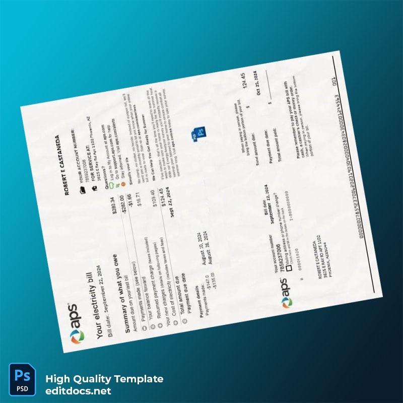 United States APS Editable Electricity Bill Template in Word and PDF formats