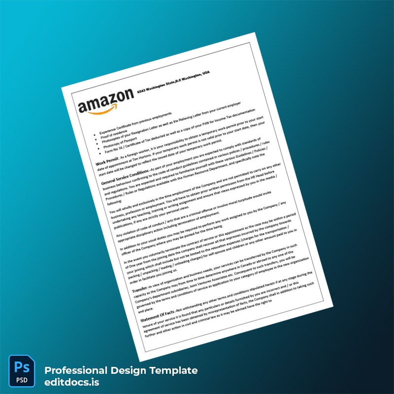 Editable United States Amazon Employment Verification Letter Template in Word and PDF formats page 2 Page Preview - EditDocs