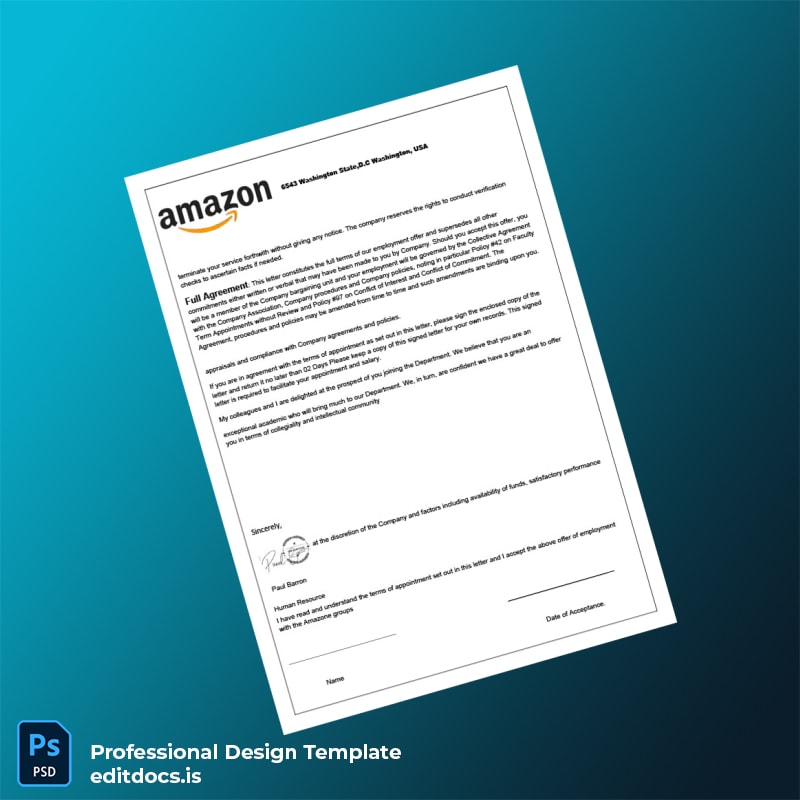 Editable United States Amazon Employment Verification Letter Template in Word and PDF formats page 3 Page Preview - EditDocs