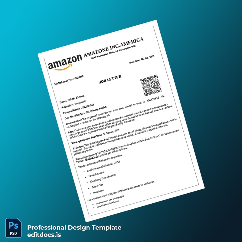 Editable United States Amazon Employment Verification Letter Template (Word&PDF) Page Preview - EditDocs