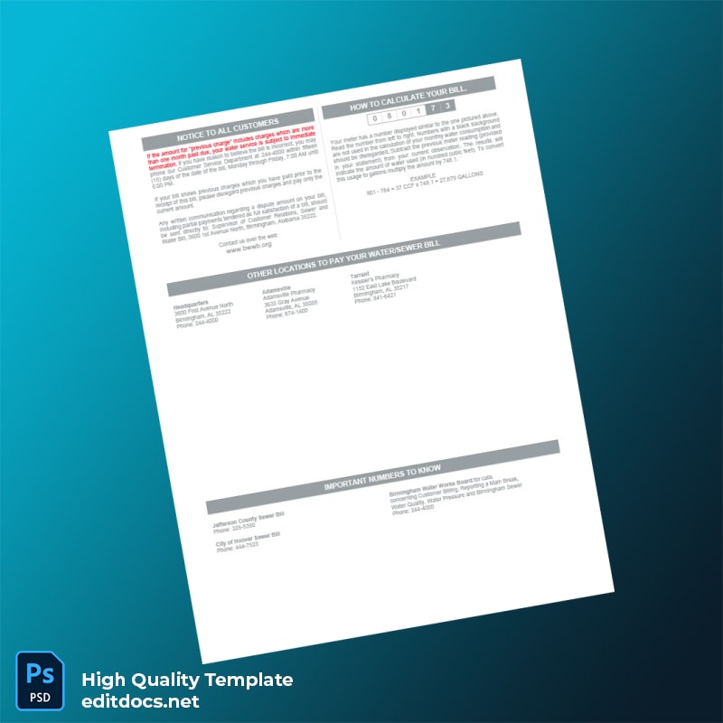 United States Birmingham Water Works Board Editable Water Bill Template in Word and PDF formats page 2