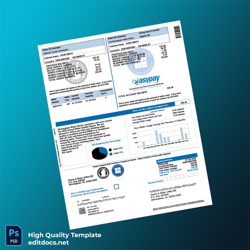 United States Birmingham Water Works Editable Water Bill Template in Word and PDF formats