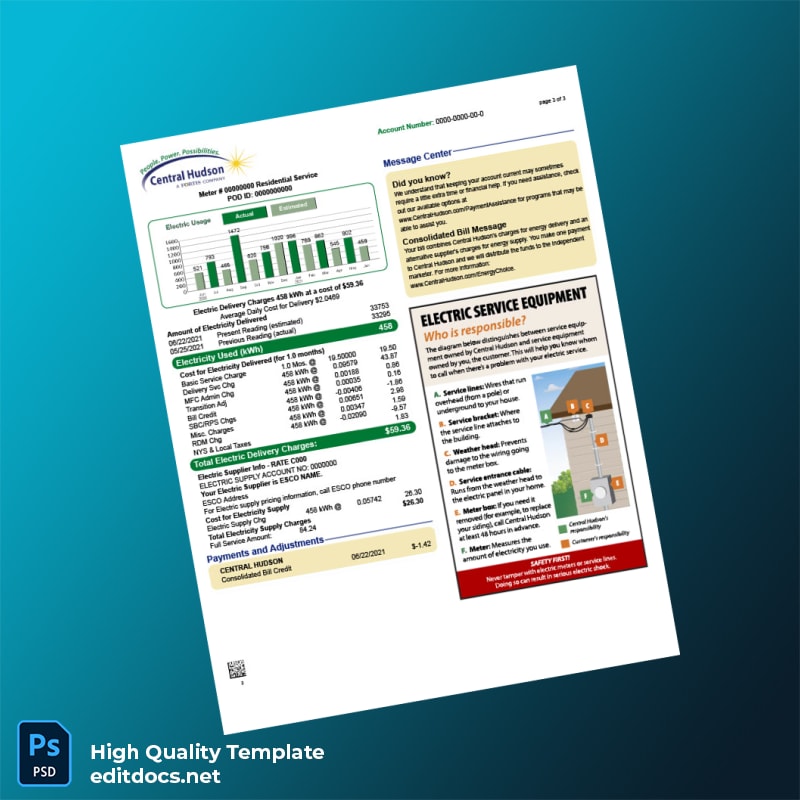 United States Central Hudson Gas Electric Corporation Editable Utility Bill Template in Word and PDF formats page 3