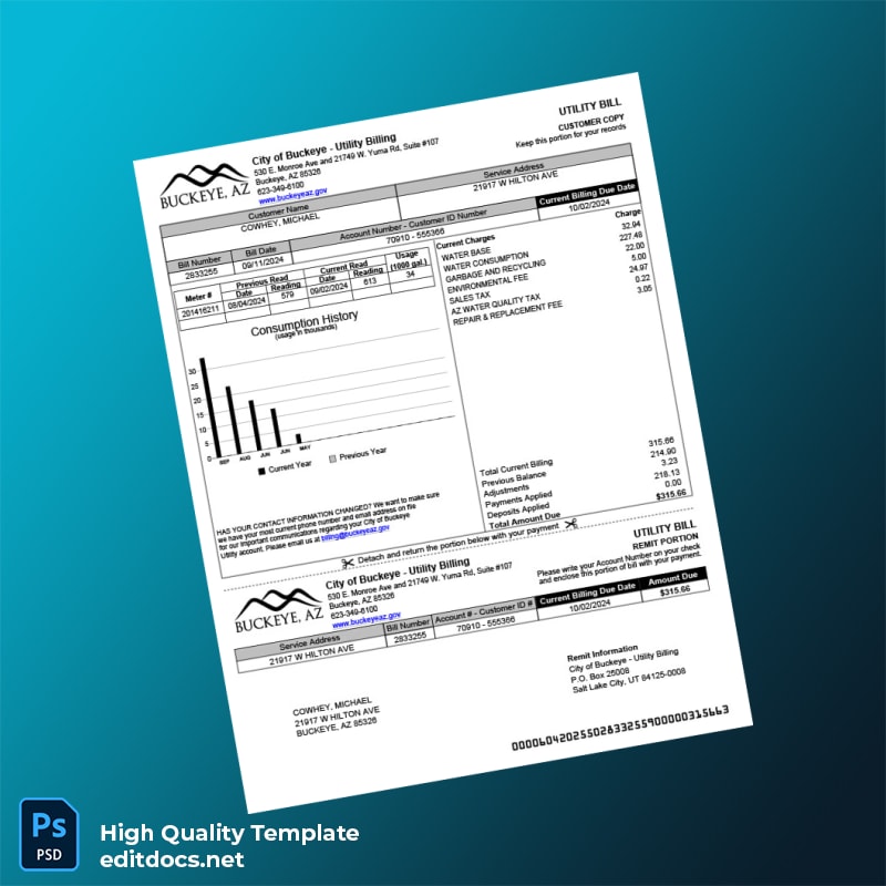 United States City Of Buckeye - Utility Billing Editable Utility Bill Template in Word and PDF formats