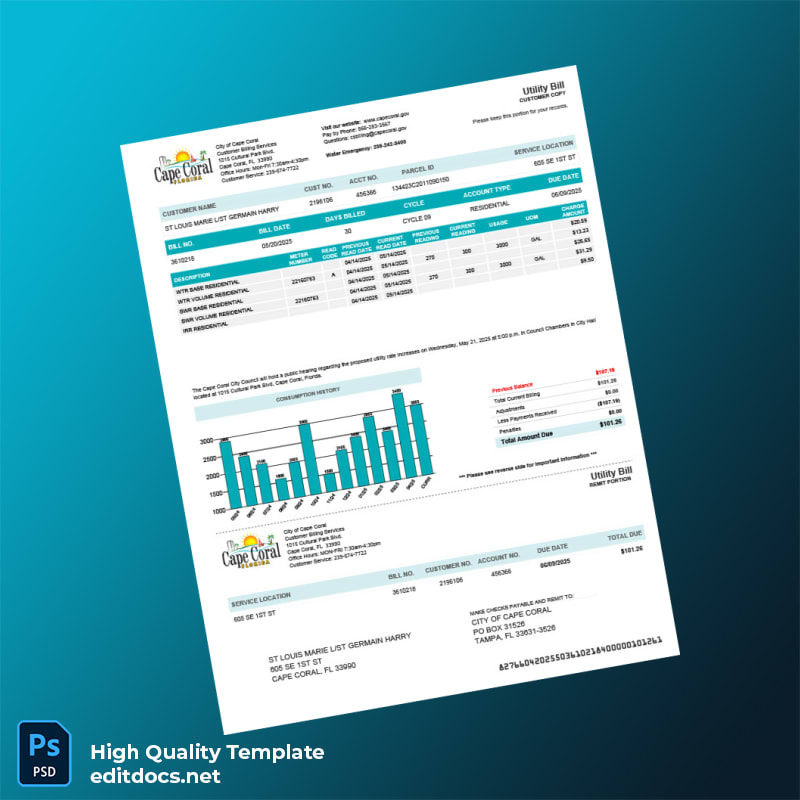 United States City Of Cape Coral Editable Utility Bill Template in Word and PDF formats