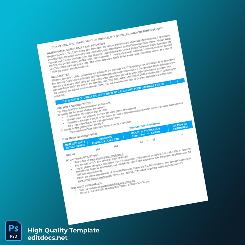 United States City Of Chicago Department Of Finance-Utility Billing Editable Metered Bill Template in Word and PDF formats page 2
