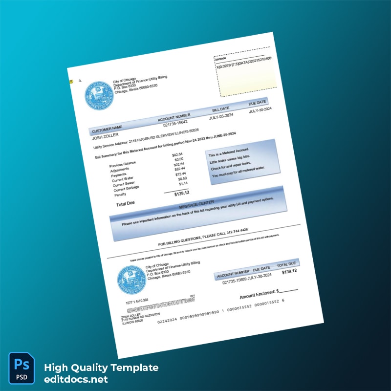United States City Of Chicago Department Of Finance-Utility Billing Editable Utility Bill Template in Word and PDF formats