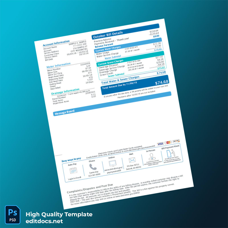 United States City Of Detroit Water And Sewerage Department Editable Water Bill Template in Word and PDF formats page 2