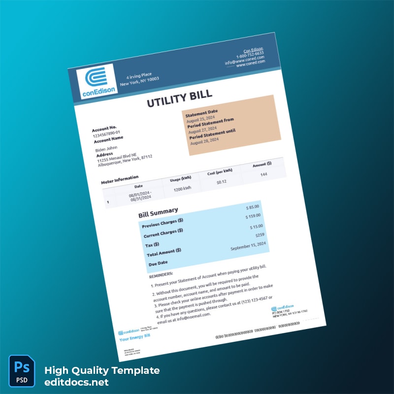 United States Con Edison Editable Utility Bill Template in Word and PDF formats