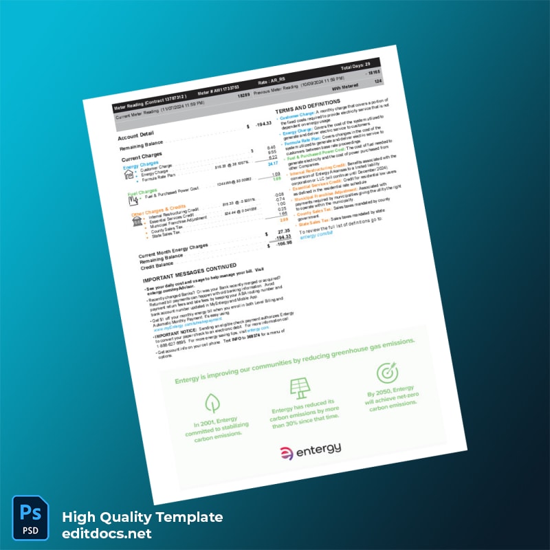 United States Entergy Arkansas LLC Editable Electricity Bill Template in Word and PDF formats page 2
