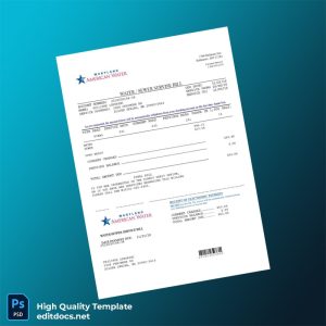United States Maryland American Water Editable Water Bill Template in Word and PDF formats