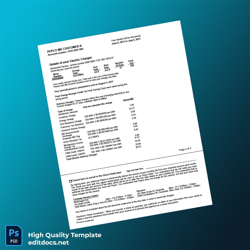 United States PEPCO Editable Electricity Bill Template in Word and PDF formats page 2