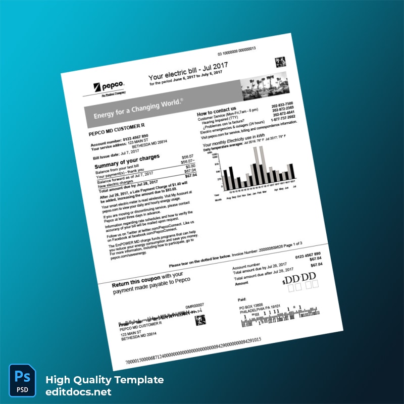 United States PEPCO Editable Electricity Bill Template in Word and PDF formats