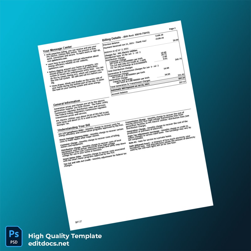 United States PPL Electric Utilities Editable Electricity Bill Template in Word and PDF formats page 2