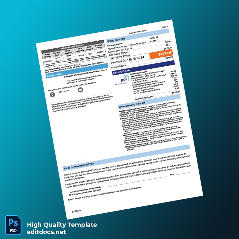 United States PPL Electric Utilities Editable Utility Bill Template in Word and PDF formats page 2