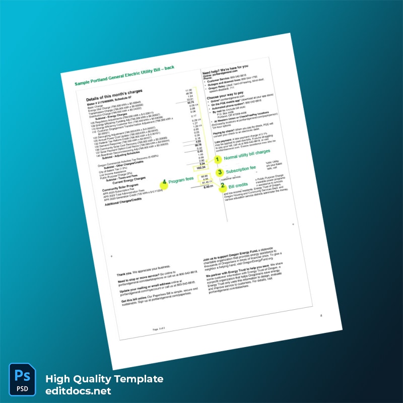 United States Portland General Electric Editable Utility Bill Template in Word and PDF formats page 2