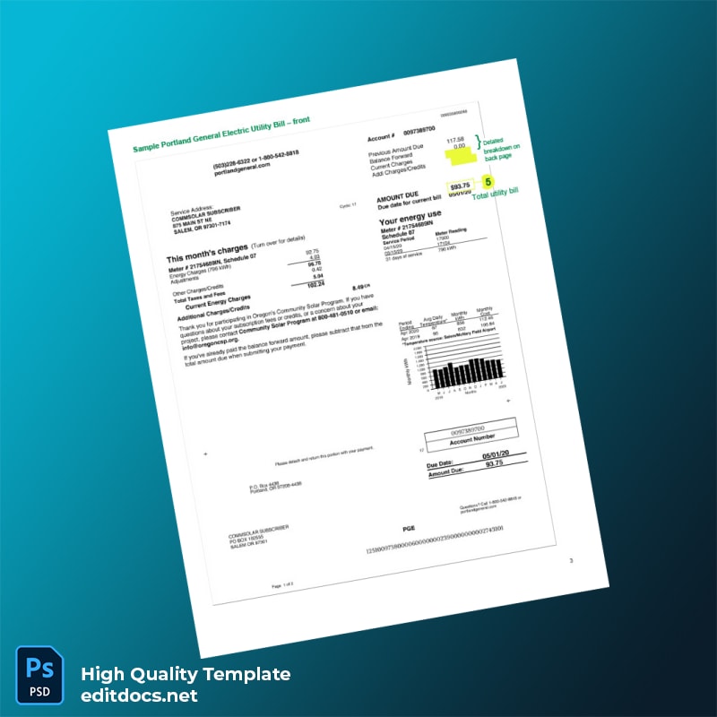 United States Portland General Electric Editable Utility Bill Template in Word and PDF formats