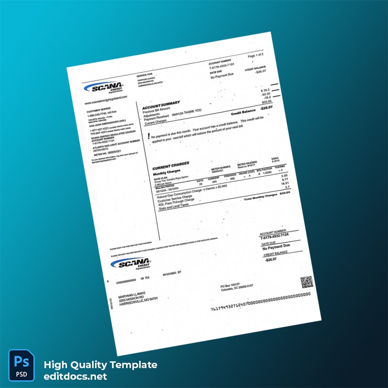 United States SCANA Energy Regulated Division Editable Utility Bill Template in Word and PDF formats