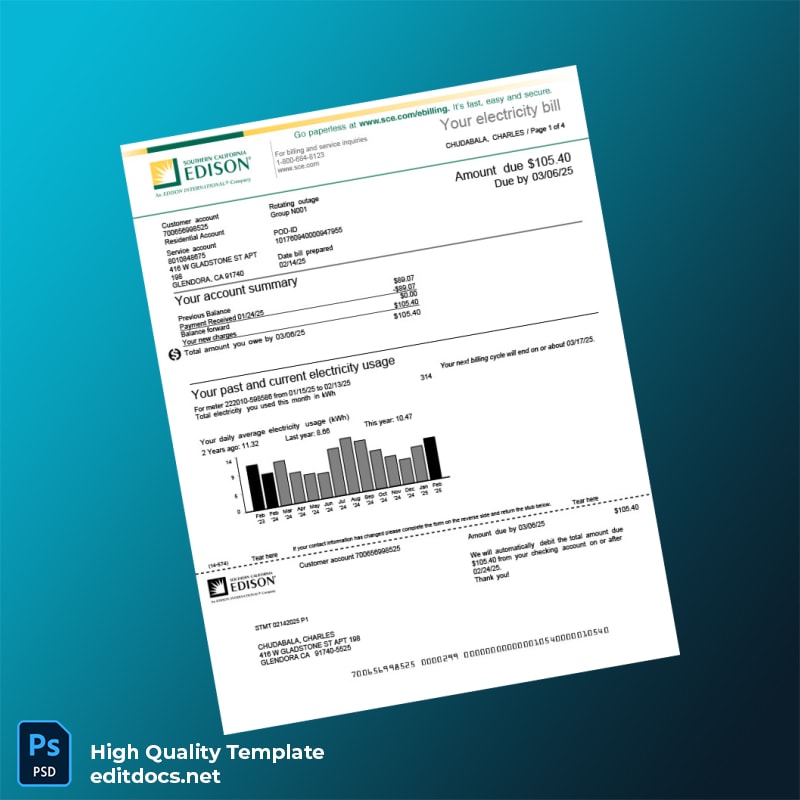 United States SCE Editable Utility Bill Template in Word and PDF formats