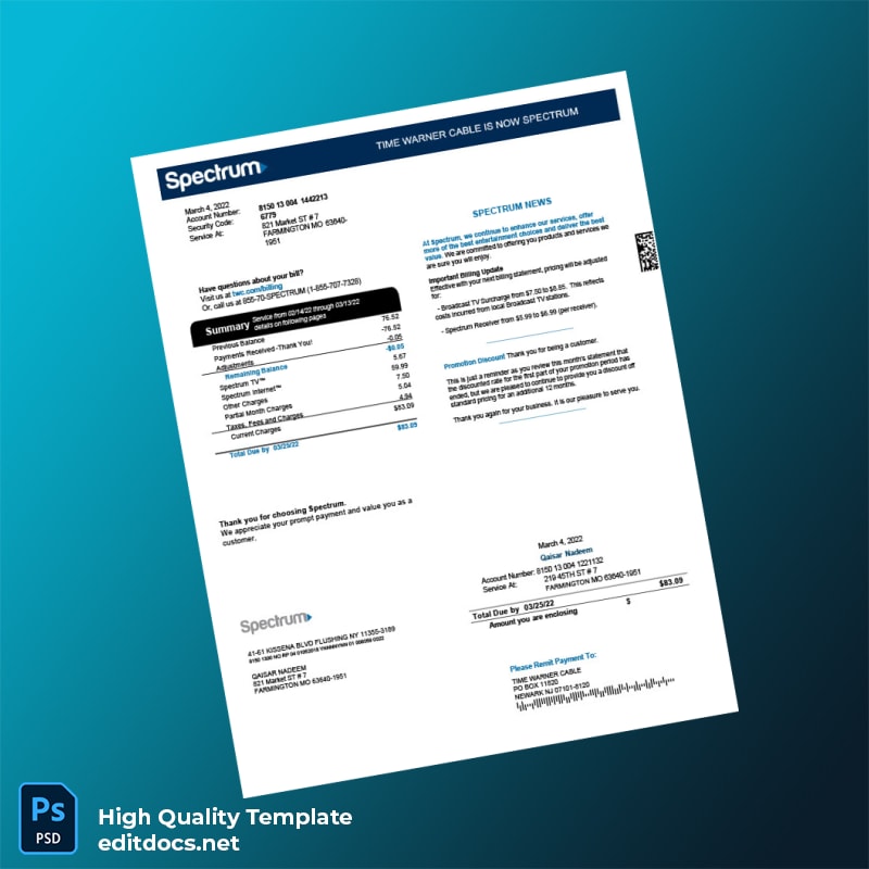United States Spectrum Editable Bank Statement Template in Word and PDF formats